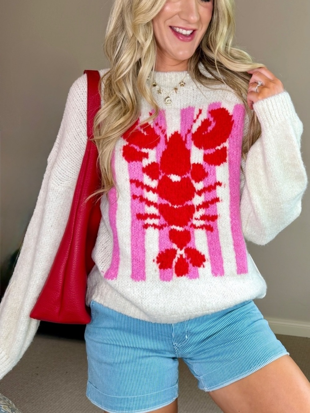 Vintage Havana Cream Crewneck Sweater with Pink and Red Lobster Graphic